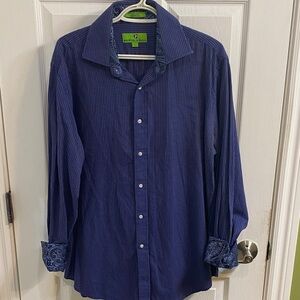 Bristol & Bull Blue Grey Paisley Flip Cuff Men’s Dress Shirt Size Large Office